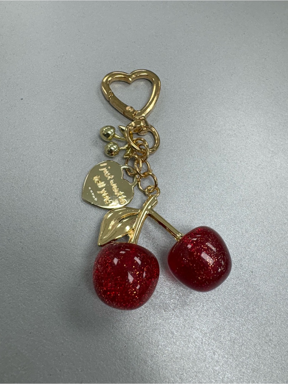 Aesthetic Glitter Resin Cherry Bag Charm Keychain with Gold Heart Clasp